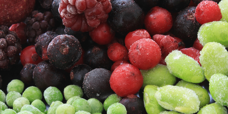 Frozen grapes, strawberries, and raspberries. 