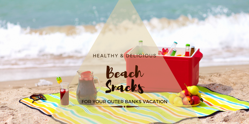 Image of picnic blanket with cooler and drinks on the beach; Beach Snacks