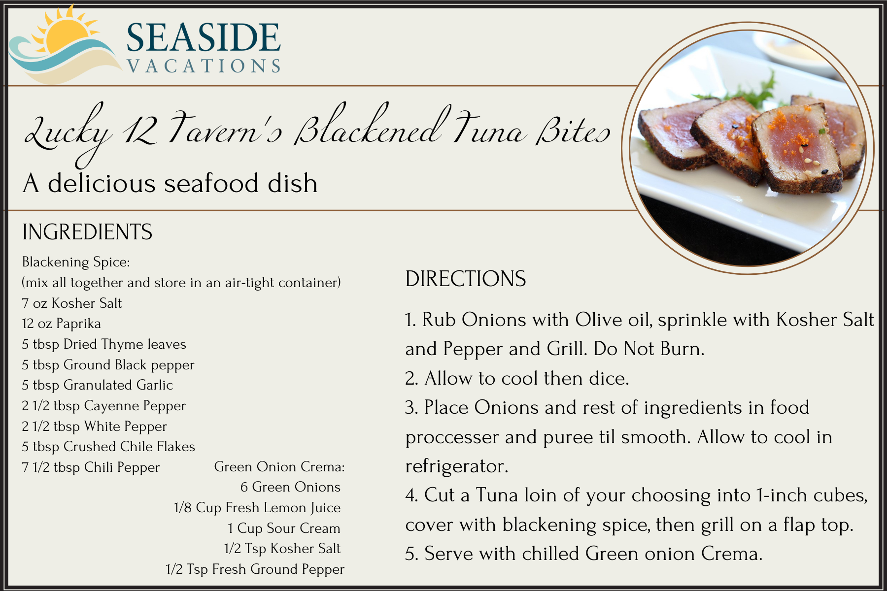 Lucky 12 Tavern's Blackened Tuna Bites Recipe Card